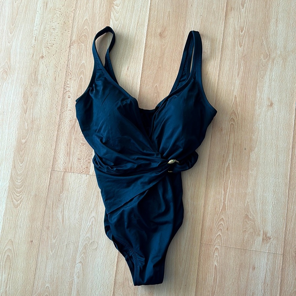 Black Simon Chang one piece bathing suit with shiny snake decor